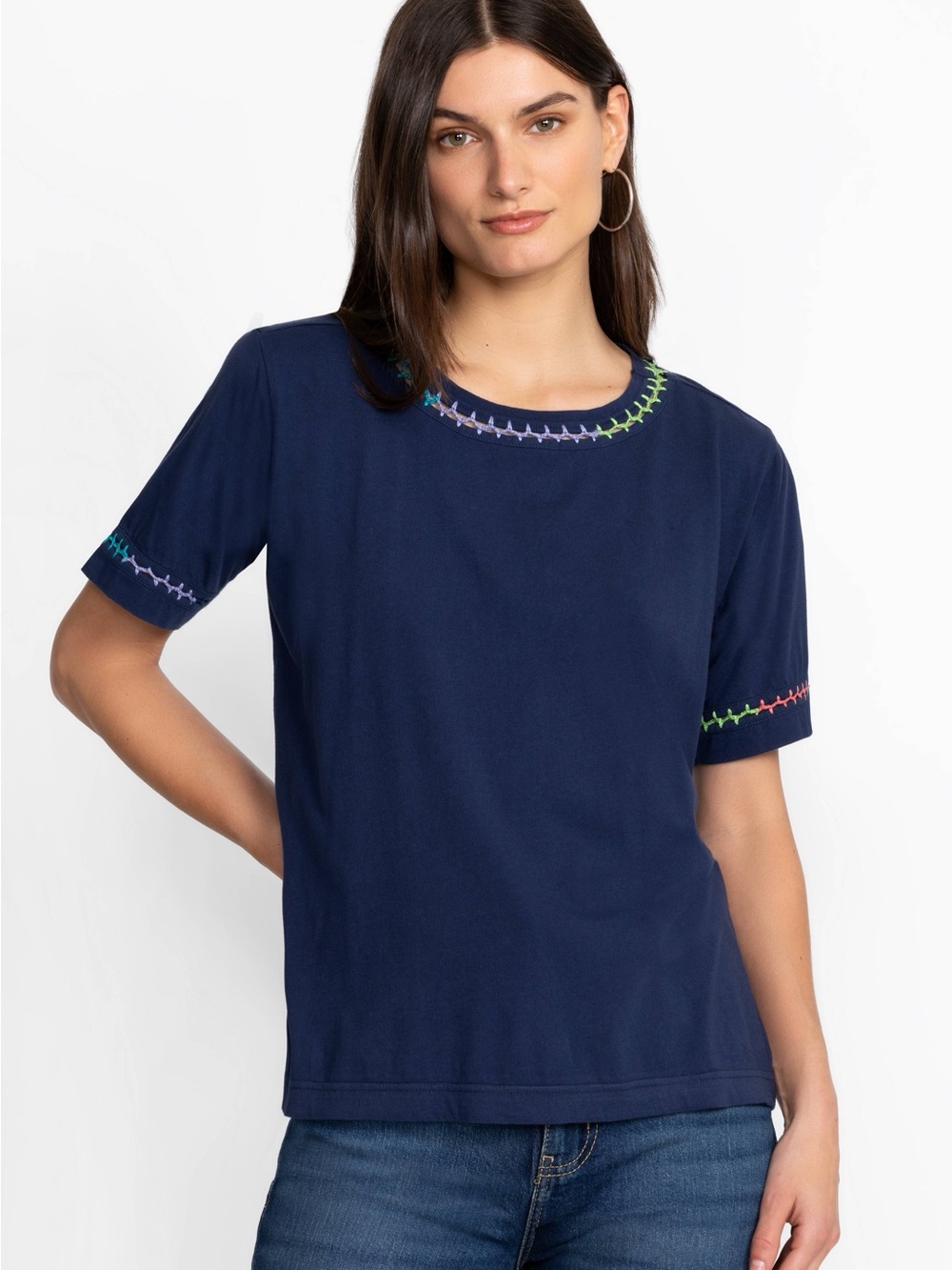 NWT Johnny Was Crochet Crew Neck Tee Navy Embroidered Short-Sleeve Top XS
